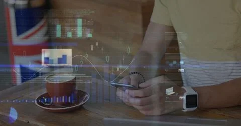 Image of statistics and data processing over man using smartphone Stock Photos