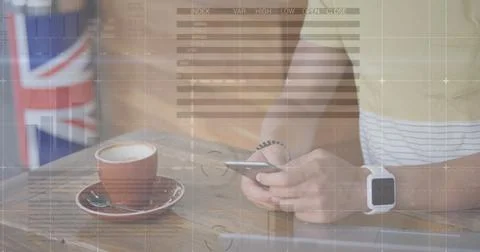 Image of statistics and data processing over man using smartphone 库存照片