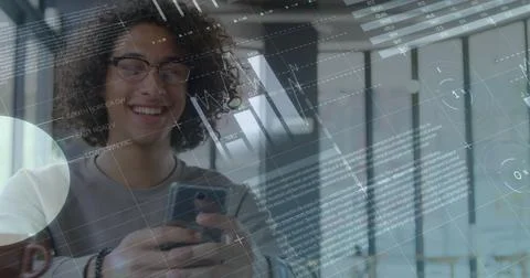 Image of statistics and data processing over man using smartphone Stock Photos