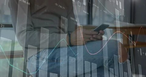 Image of statistics and data processing over man using smartphone Stock Photos
