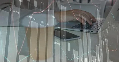 Image of statistics and data processing over man using laptop Stock Photos