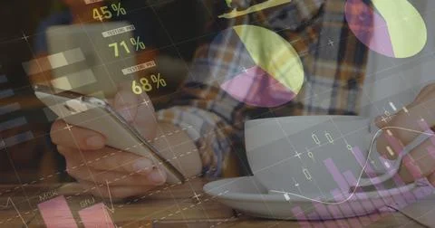 Image of statistics and data processing over man using smartphone Stock Photos
