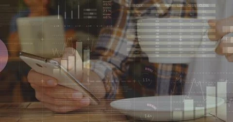 Image of statistics and data processing over man using smartphone Stock Photos