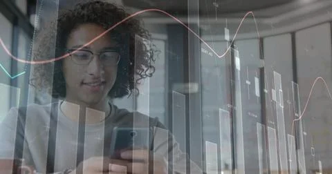 Image of statistics and data processing over man using smartphone Foto stock