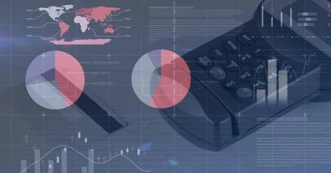 Image of statistics and data processing over payment terminal Stock Photos