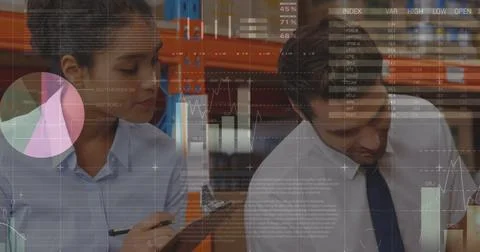 Image of statistics and data processing and man and woman working in warehouse 写真素材