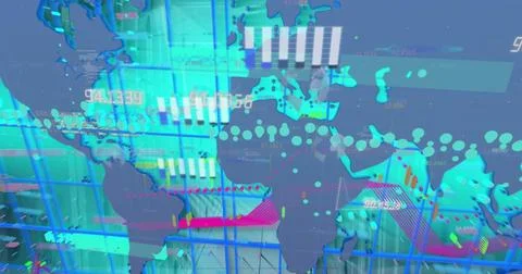 Image of statistics and data processing over world map and grid background Stock Photos