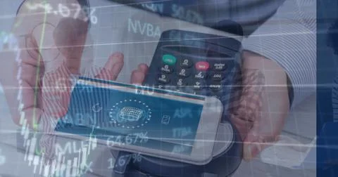 Image of statistics and data processing over woman using laptop Foto stock