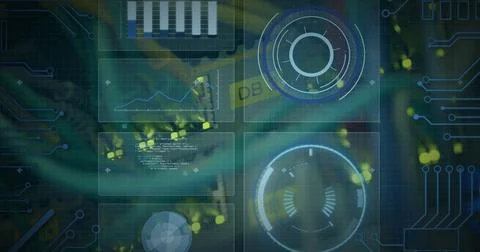 Image of statistics and data processing on grey background Foto stock