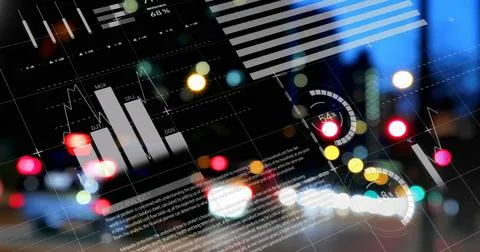 Image of statistics and data processing over cityscape Foto stock