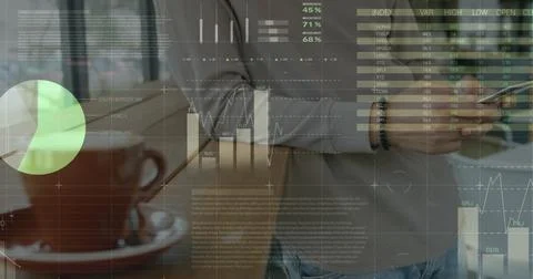 Image of statistics and data processing over man using smartphone 스톡 사진