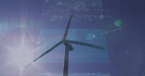 Image of statistics and data processing over wind turbine and engineer on blue Stock Photos