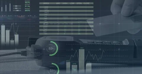 Image of statistics and data processing over empty office Stock Photos