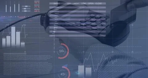 Image of statistics and data processing over man using smartphone 写真素材