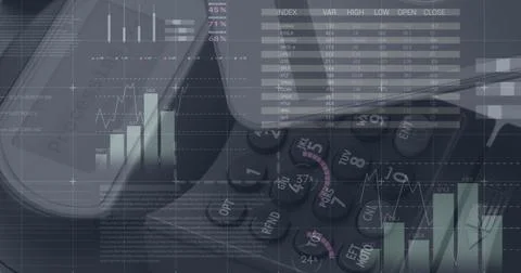 Image of statistics and data processing over man using laptop Foto stock