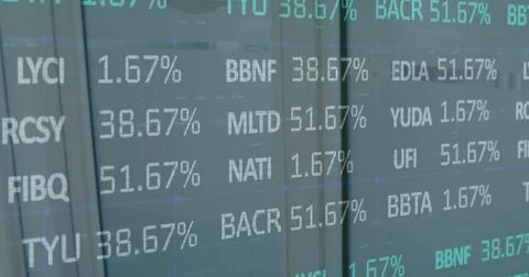 Image of statistics and data processing over man opening door Foto stock