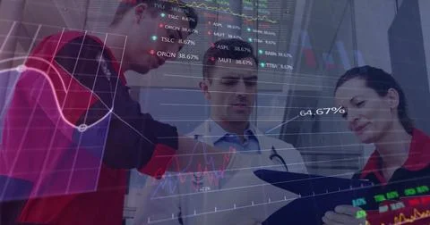 Image of statistics and data processing over diverse doctors and e r medics Foto stock