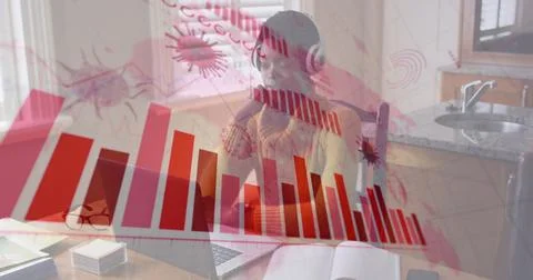 Image of statistics and data processing on grey background Foto stock