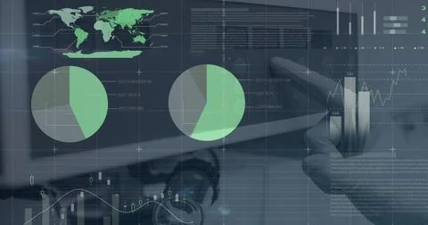 Image of statistics and data processing on grey background Foto stock
