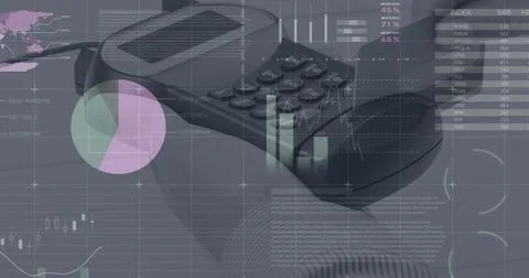 Image of statistics and data processing on grey background 写真素材