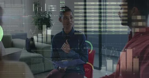 Image of statistics and data processing over man using rowing statistics 스톡 사진