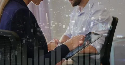 Image of statistics and data processing over man using smartphone Stockfoto's