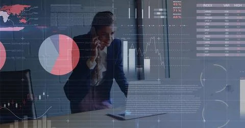 Image of statistics and data processing over man using computer Foto stock