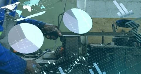 Image of statistics and data processing over african american man using mac.. Stock Photos