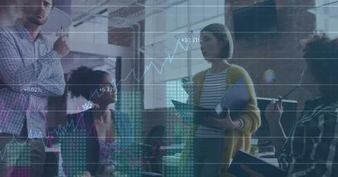 Image of statistics and data processing over diverse colleagues at casual m.. Foto stock
