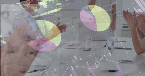 Image of statistics and data processing over diverse business people 写真素材