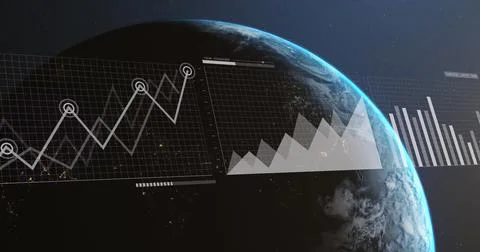 Image of statistics and data processing over earth globe on blue background Stock Photos