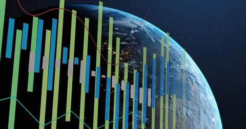 Image of statistics and data processing over earth globe on blue background Stock Photos