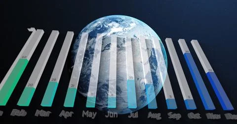 Image of statistics and data processing over earth globe on blue background 스톡 사진
