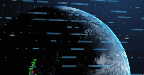 Image of statistics and data processing over earth globe on blue background Foto stock