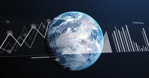 Image of statistics and data processing over earth globe on blue background Stock Photos