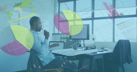 Image of statistics and data processing over african american businessman using 스톡 사진