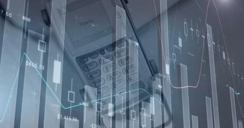 Image of statistics and data processing over paying terminal Stock Photos