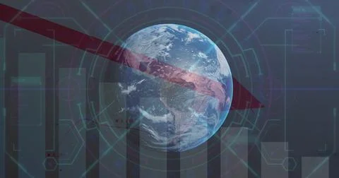 Image of statistics and data processing with red arrow over globe Stock Photos