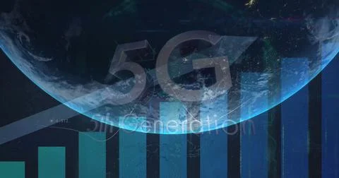 Image of statistics and data processing with 5g text and arrow over globe Stock Photos