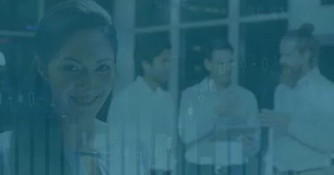 Image of statistics and data processing over diverse business people Stock Photos