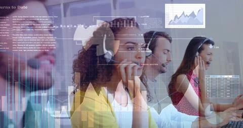 Image of statistics and data processing over business people using phone Foto stock