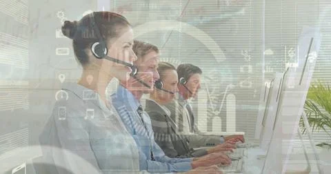 Image of statistics and data processing over business people using phone Stock Photos