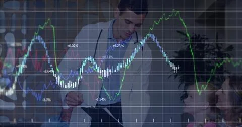 Image of statistics and data processing over caucasian male doctor 写真素材