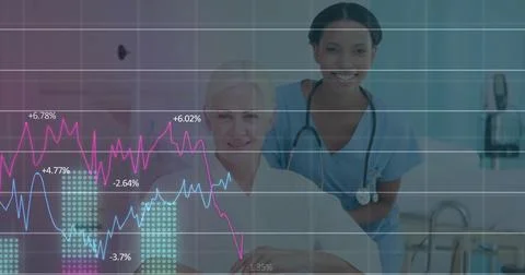 Image of statistics and data processing over diverse doctors Foto stock