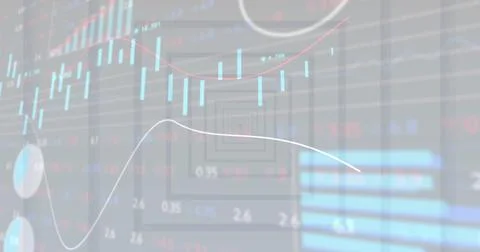 Image of statistics and data processing over squares background Stockfoto's