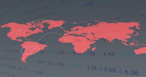 Image of statistics and data processing over world map on dark background 스톡 사진
