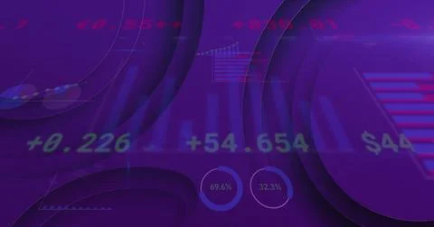 Image of statistics and data processing over purple background Stock Photos