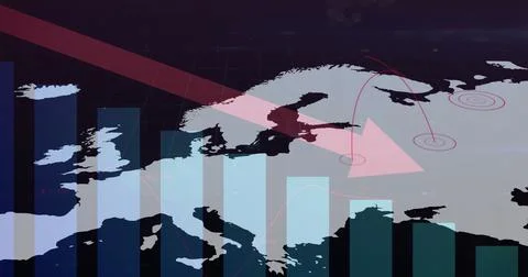 Image of statistics and data processing over map of europe on dark background 스톡 사진