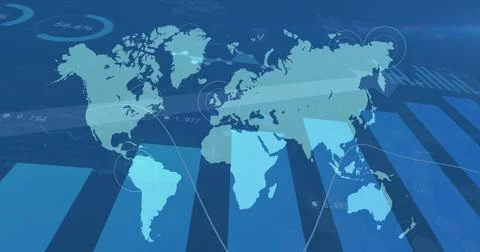 Image of statistics and data processing over world map on dark background 库存照片