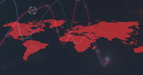 Image of statistics and data processing over world map on dark background 스톡 사진